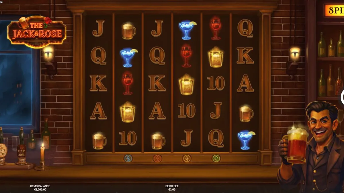 Interface do jogo de slot The Jack & Rose com temática de pub apocalíptico